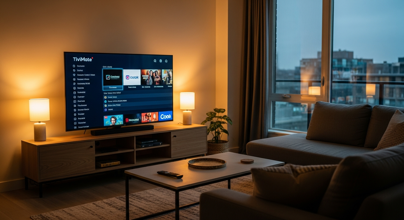 TiviMate IPTV player interface displayed on Android TV in modern Canadian living room